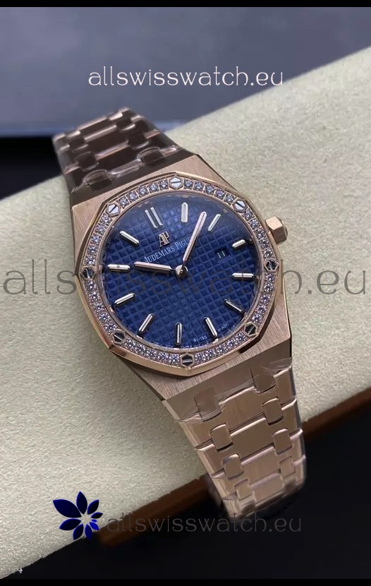 Audemars Piguet Royal Oak 33MM 904L Rose Gold Blue Dial 1:1 Mirror Replica Watch