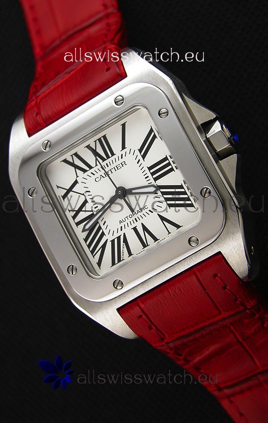Cartier Santos De Cartier 1:1 Mirror Replica Red Strap 33MM Ladies Watch 