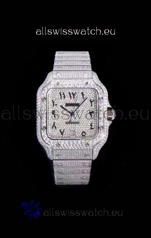Santos De Cartier Swiss Replica Watch with Diamonds Embedded Dial in Steel Casing 40MM