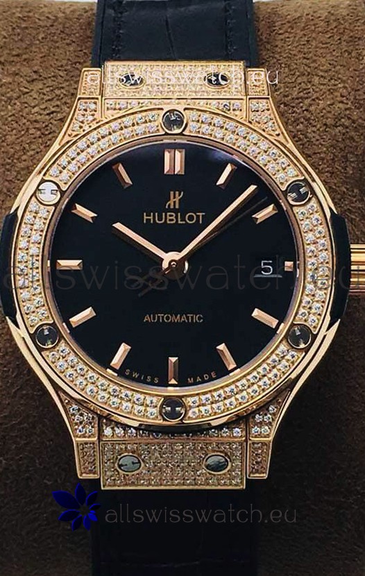 Hublot Classic Fusion Diamonds Rose Gold Black Dial 38MM Swiss Replica Watch 1:1 Mirror Quality