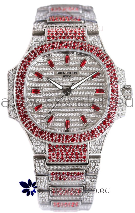 Patek Philippe Nautilus 7118R 35MM 1:1 Red Diamonds Paved Watch in Steel Casing 