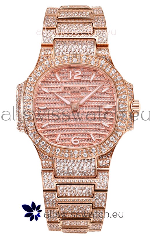 Patek Philippe Nautilus 7118R 35MM 1:1 Diamonds Paved Watch in Rose Gold Casing