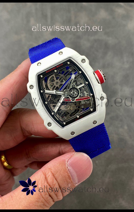 Richard Mille Super Clone RM67-02 Alexis Pinturault White Quartz TPT 37 Grams Watch Blue Strap