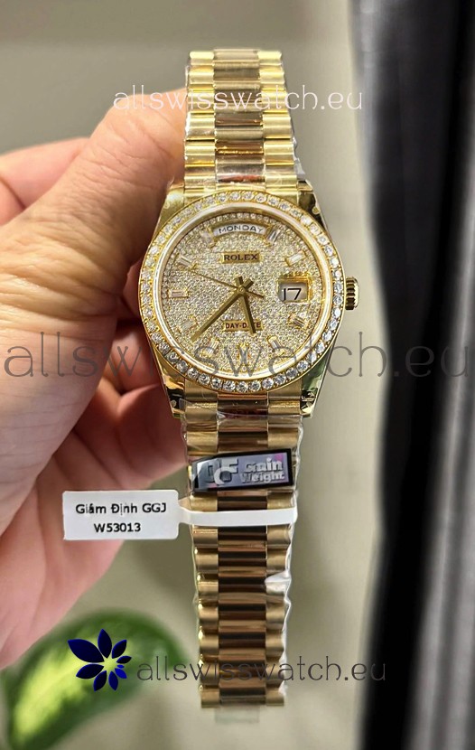Rolex Day Date Super Clone Yelllow Gold Plated Custom Modified Diamonds Paved Watch 