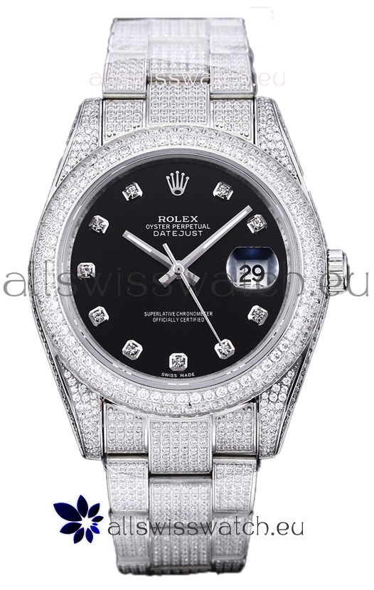 Rolex Datejust 41MM Swiss Replica - Iced Out Edition in Black Dial 