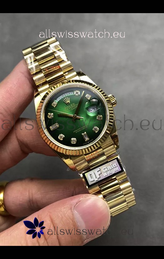 Rolex Day Date Super Clone Yellow Gold Green Dial Diamonds Numerals Watch 36MM - 1:1 Mirror Quality