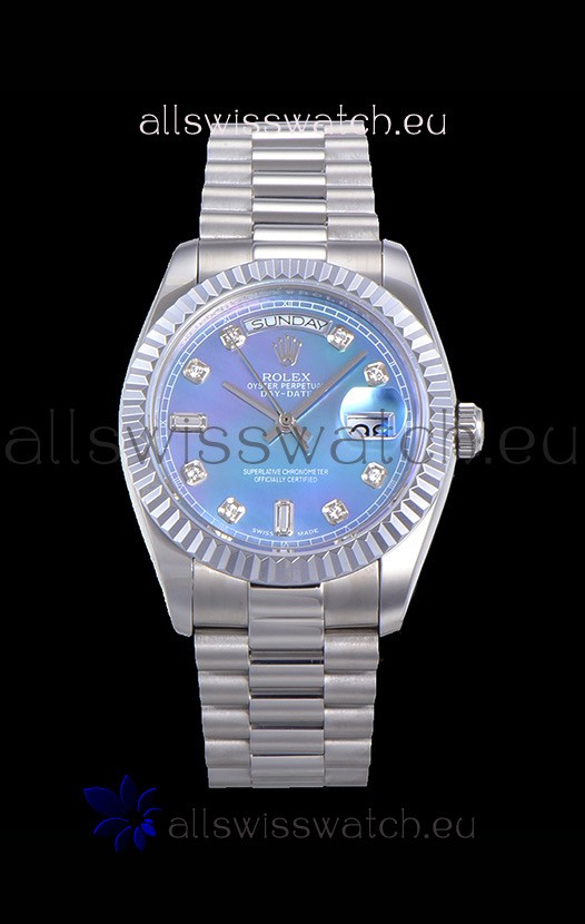 Rolex Day Date Watch in Blue Dial with Diamonds Hour Numerals ETA Movement - 904L Steel 
