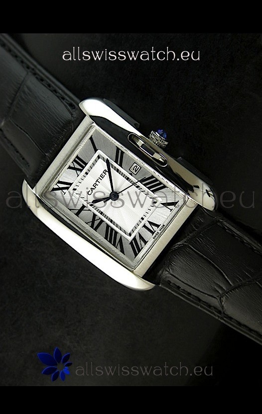 Cartier Tank Ladies Replica Watch in Steel Case/Black Strap