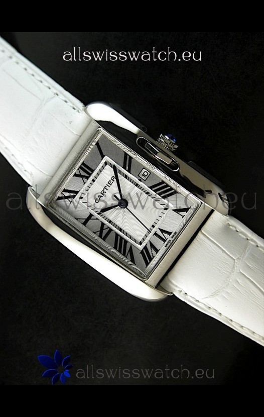 Cartier Tank Ladies Replica Watch in Steel Case/White Strap