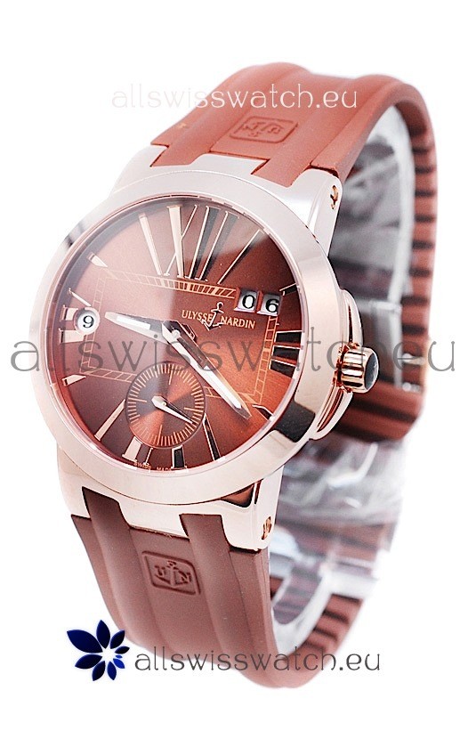 Ulysse Nardin Executive Dual Time Japanese Replica Rose Gold Watch in Brown Dial