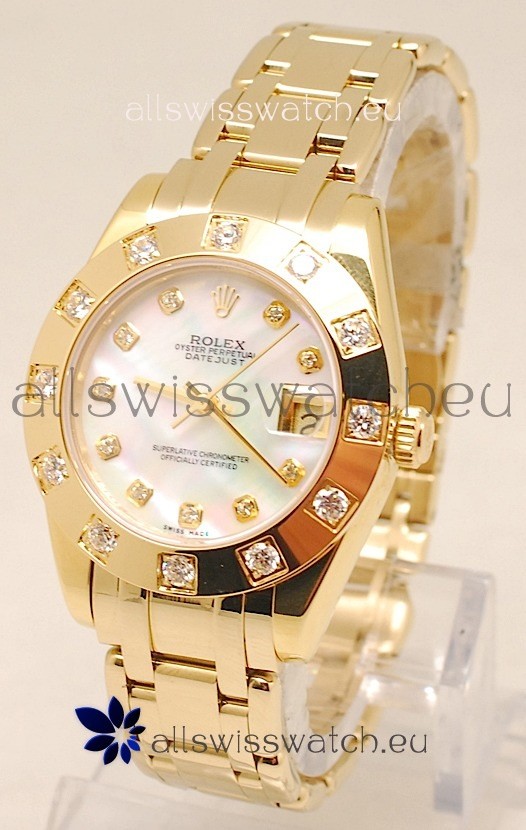 Rolex Datejust Pearlmaster Swiss Replica Gold Watch in White Pearl Dial -34MM