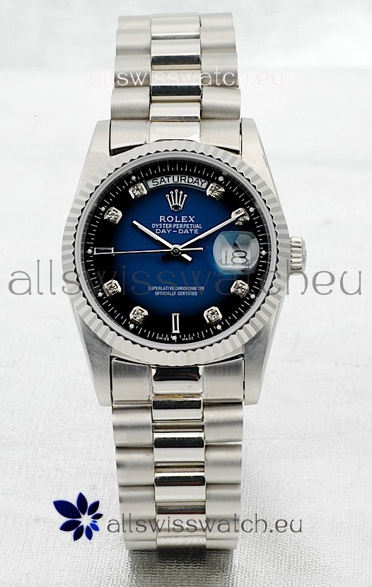 Rolex Day Date Silver Japanese Replica Watch in Blue Dial