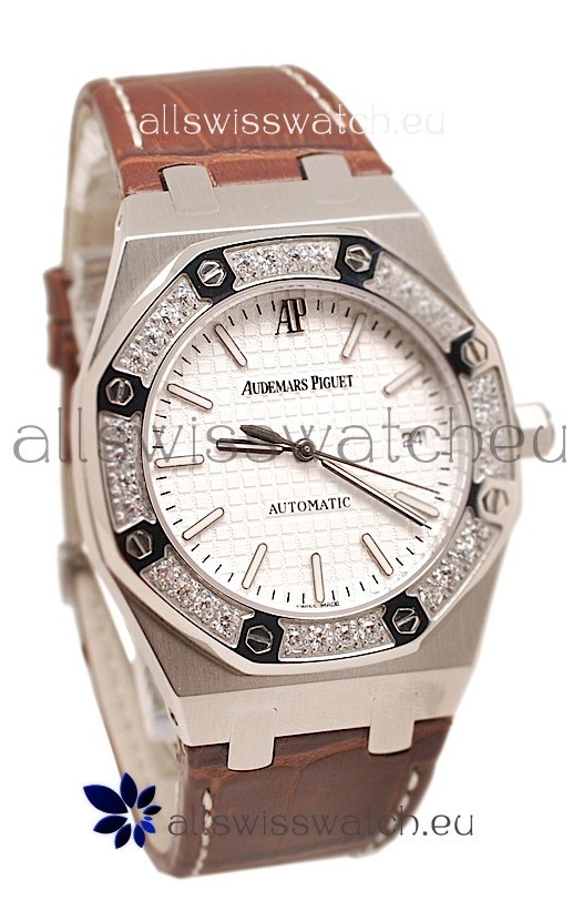 Audemars Piguet Royal Oak Steel Swiss Watch in Brown Leather Strap