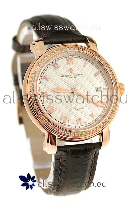 Vacheron Constantin Geneve Japanese Replica Gold Watch in Diamond Bezel