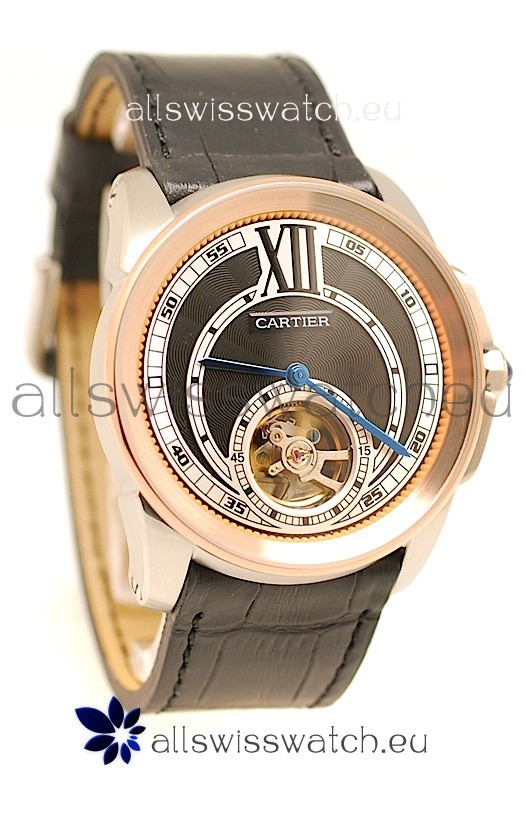 Calibre de Cartier Flying Tourbillon Japanese Replica Rose Gold Watch in Black Dial