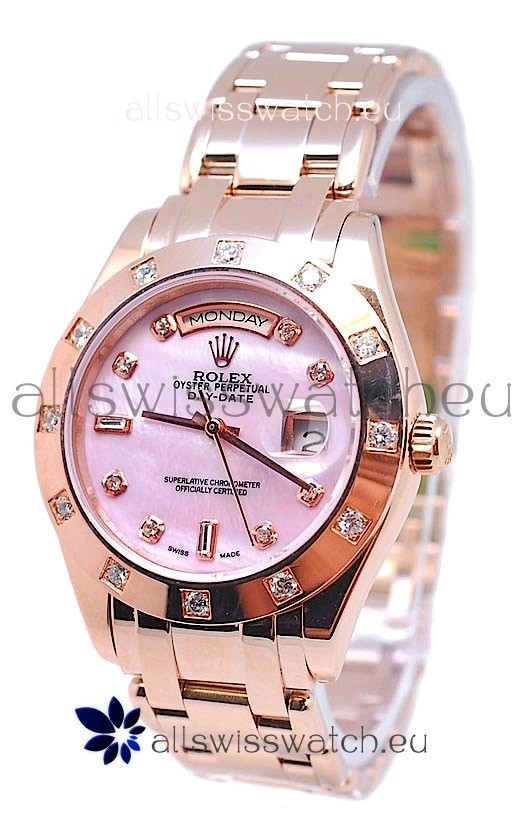 Rolex Day Date Pink Mother of Pearl Japanese Replica Watch in Diamond Markers