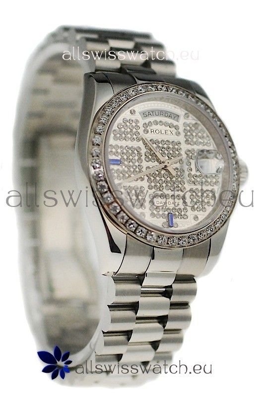 Rolex Day Date Silver Japanese Mens Watch in Diamond Dial