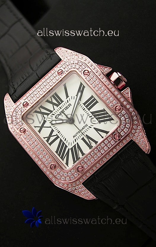Cartier Santos 100 Swiss Automatic Replica Watch in Rose Gold
