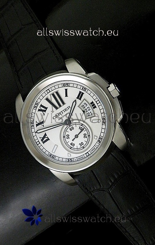 Cartier Calibre de Japanese Replica Steel Watch in Black Leather Strap