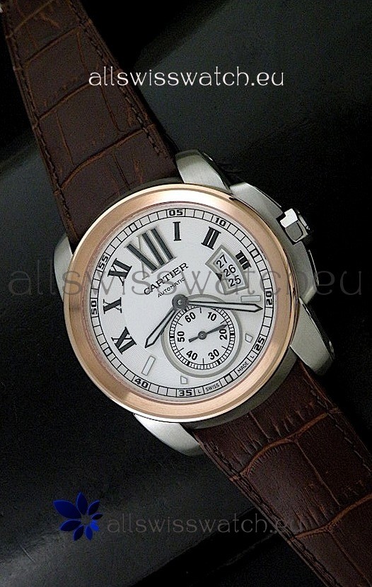 Cartier Calibre de Japanese Replica Steel Watch in Brown Leather Strap