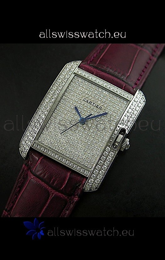 Cartier Tank Anglaise Ladies Replica Watch in Steel/Maroon Strap