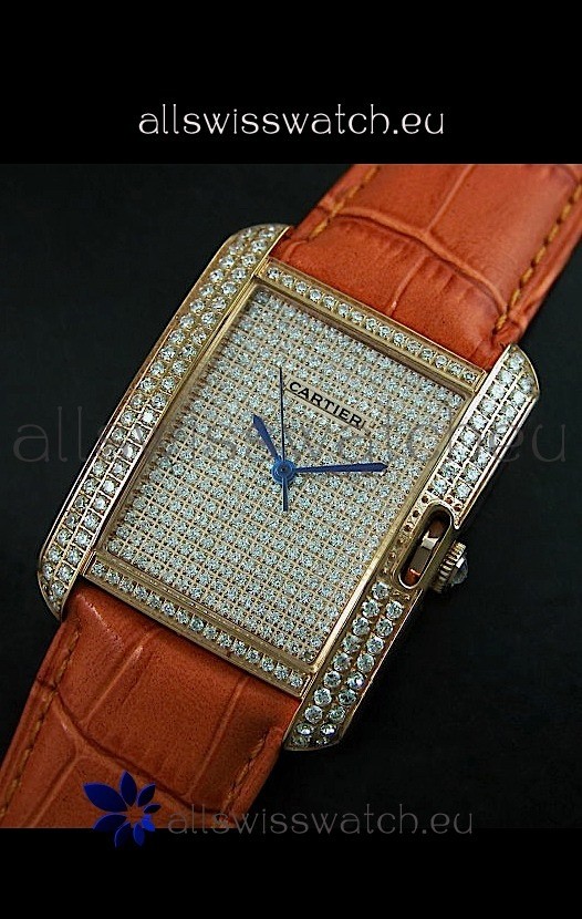 Cartier Tank Anglaise Ladies Replica Watch in Gold Case/Brown Strap