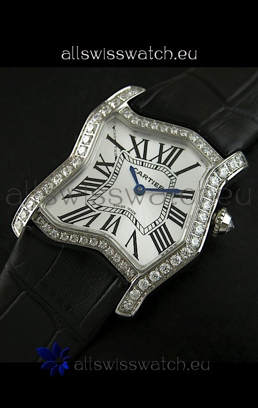 Cartier Tank Folle Ladies Replica Watch in Steel Case/Black Strap