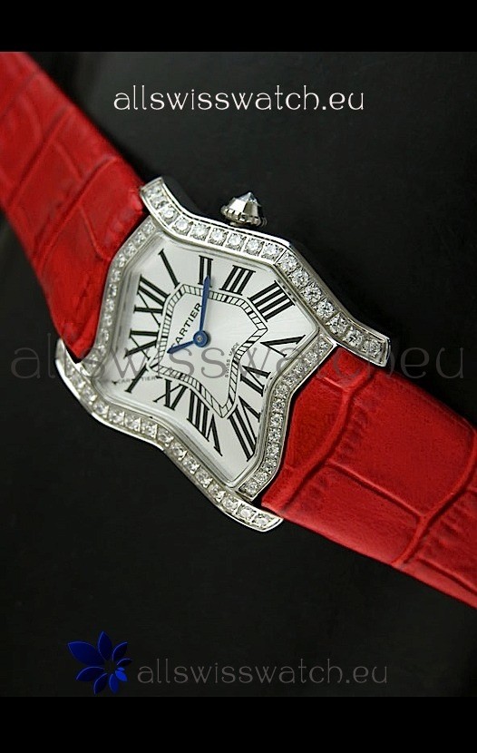 Cartier Tank Folle Ladies Replica Watch in Steel Case/Red Strap