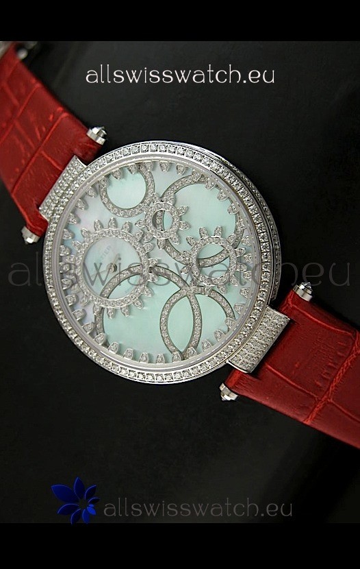Cartier Replica Watch with Diamonds Embedded Dial Bezel in Steel Case/Red Strap