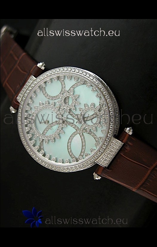 Cartier Replica Watch with Diamonds Embedded Dial Bezel in Steel Case/Brown Strap