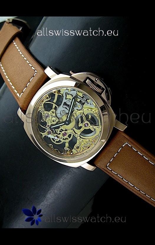 Panerai Luminor Skeleton Dial Swiss Watch in Rose Gold Casing
