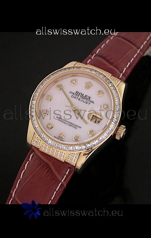 Rolex DateJust Japanese Mens Replica Yellow Gold Watch in White Mother of Pearl Dial