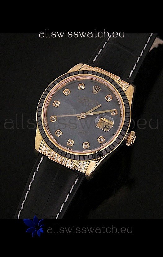 Rolex DateJust Swiss Mens Replica Yellow Gold Watch in Diamond Markers