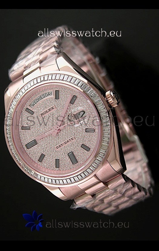 Rolex Day Date Japanese Automatic Rose Gold Watch in Diamond Bezel