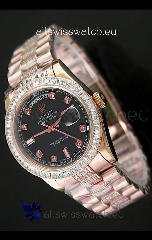 Rolex Oyster Perpetual Day Date Japanese Rose Gold Automatic Watch in Black Dial