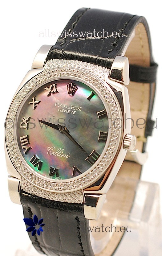 Rolex Cellini Cestello Ladies Swiss Watch in Black Pearl Face Diamonds Bezel and Lugs