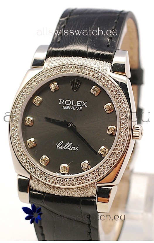 Rolex Cellini Cestello Ladies Swiss Watch in Matte Black Face and Diamond Bezel