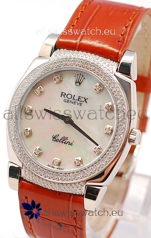 Rolex Cellini Cestello Ladies Swiss Watch in White Pearl Face Diamonds Hour, Bezel and Lugs