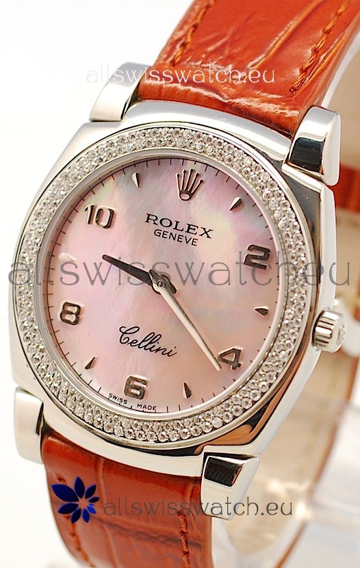 Rolex Cellini Cestello Ladies Swiss Watch in Pink Pearl Face Diamonds Bezel