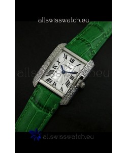 Cartier Louis Japanese Replica Ladies Diamond Watch in Green Strap