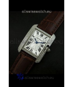 Cartier Louis Japanese Replica Ladies Diamond Watch in Brown Strap