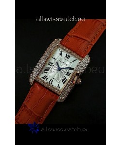 Cartier Louis Japanese Replica Ladies Rose Gold Diamond Watch in Orange Strap