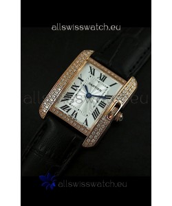 Cartier Louis Japanese Replica Ladies Rose Gold Diamond Watch in Black Strap