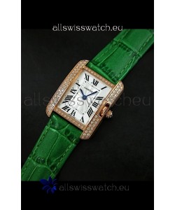 Cartier Louis Japanese Replica Ladies Rose Gold Diamond Watch in Green Strap