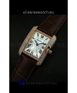 Cartier Louis Japanese Replica Ladies Rose Gold Diamond Watch in Brown Strap