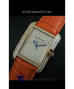 Cartier Tank Anglaise Ladies Replica Watch in Gold Case/Brown Strap