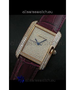 Cartier Tank Anglaise Ladies Replica Watch in Gold Case/Maroon Strap