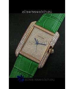 Cartier Tank Anglaise Ladies Replica Watch in Gold Case/Green Strap