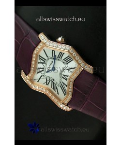 Cartier Tank Folle Ladies Replica Watch in Yellow Gold Case/Maroon Strap