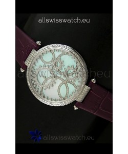 Cartier Replica Watch with Diamonds Embedded Dial Bezel in Steel Case/Maroon Strap